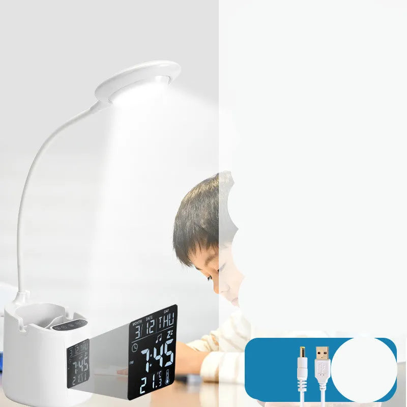 White desk lamp with learning eye protection features and USB power connection