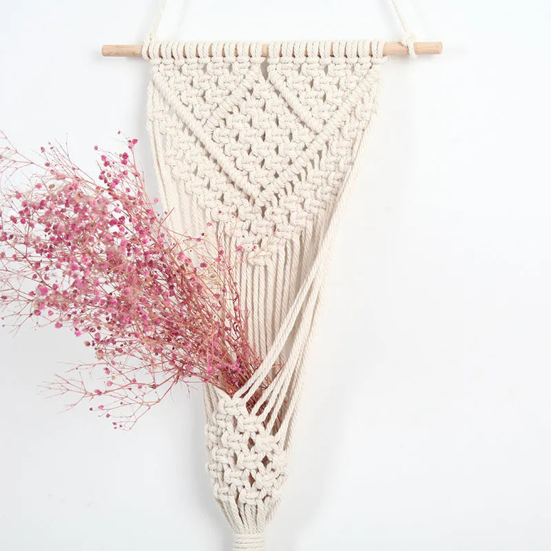 White hand-woven cotton wall basket with grid pattern measuring 30x70cm