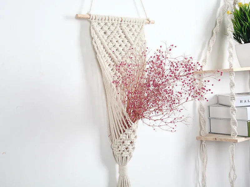 White hand-woven cotton wall basket with grid pattern measuring 30x70cm