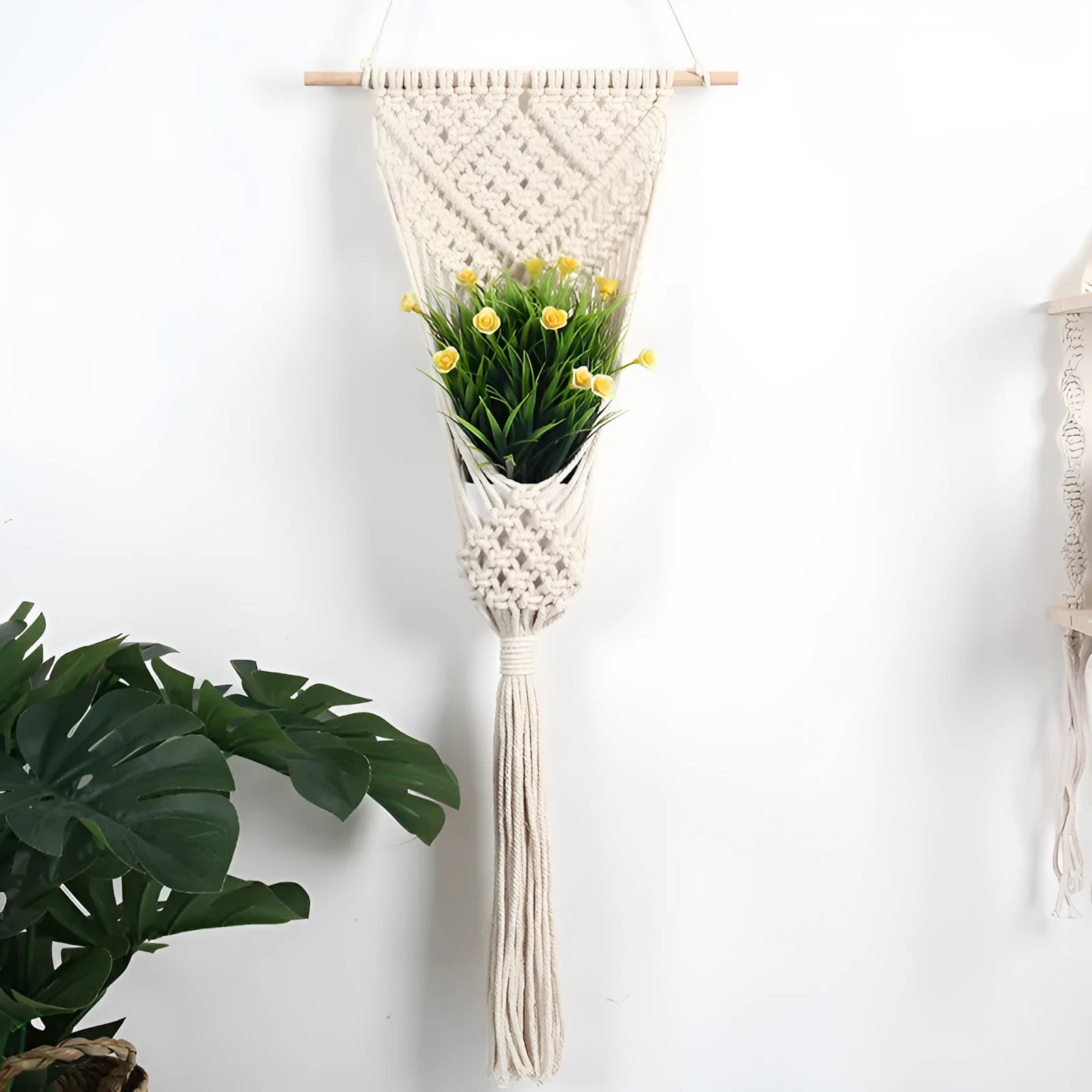 White hand-woven cotton wall basket with grid pattern measuring 30x70cm