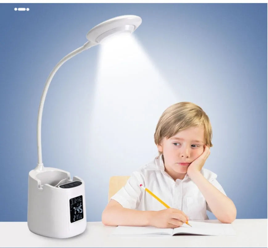 White desk lamp with learning eye protection features and USB power connection