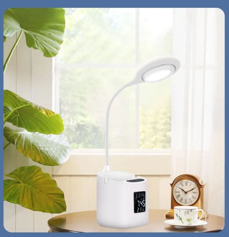 White desk lamp with learning eye protection features and USB power connection
