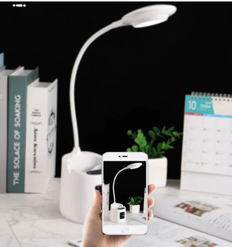 White desk lamp with learning eye protection features and USB power connection