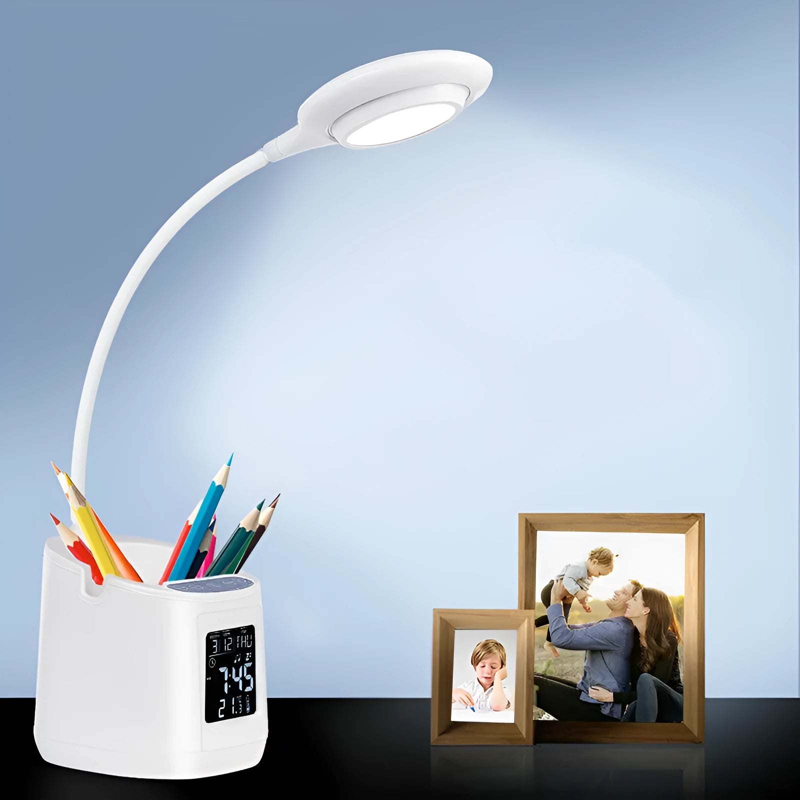 White desk lamp with learning eye protection features and USB power connection