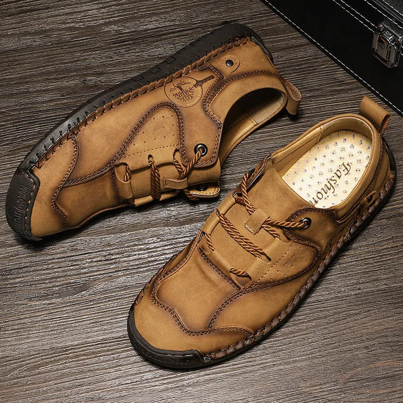 Men's casual leather shoes with microfiber upper in black, gold, or khaki colour options