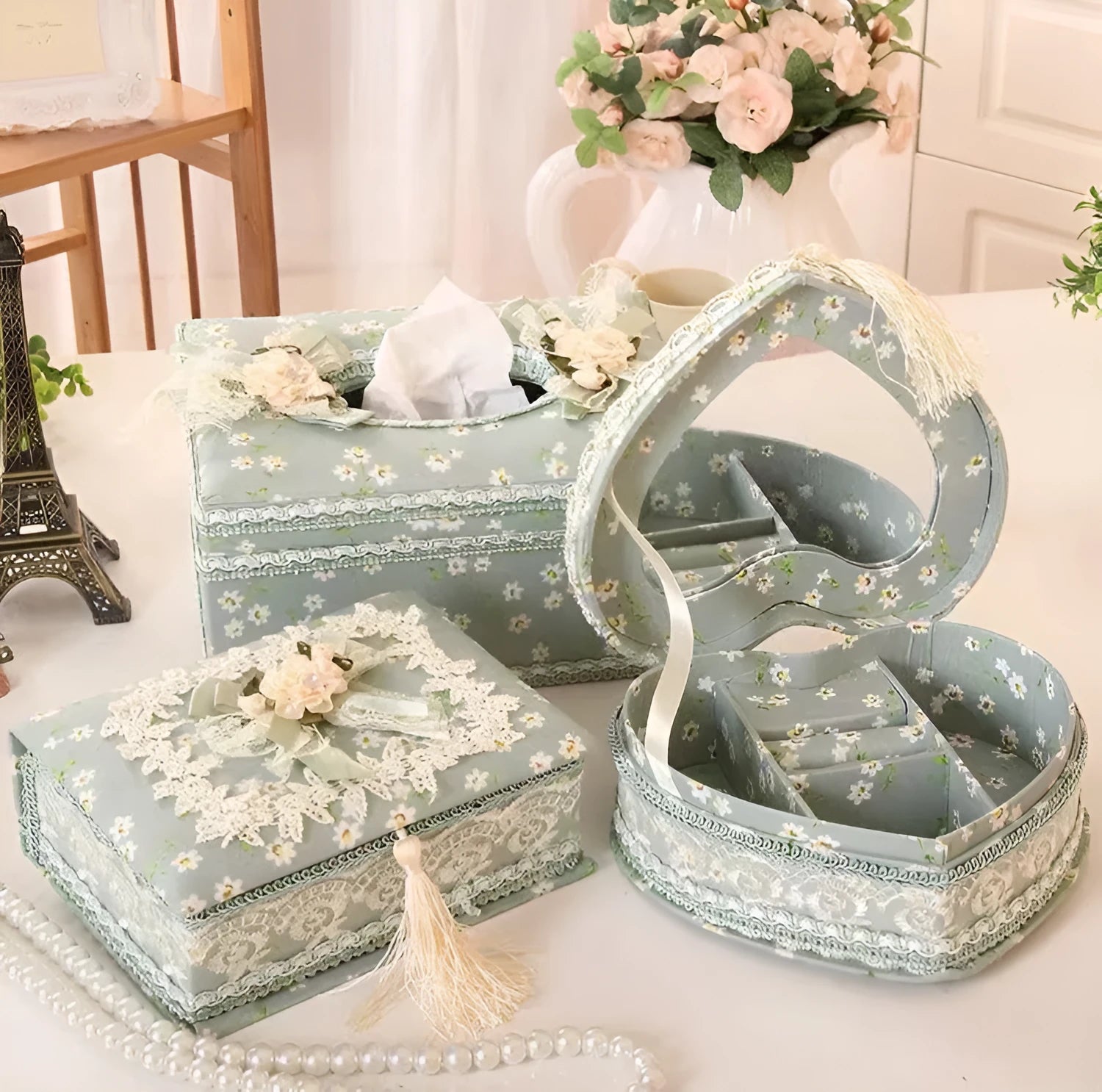 Ceramic tissue box in apricot, green, or pink with concealed jewellery storage compartment.