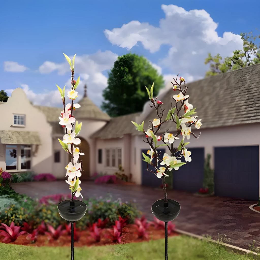 Solar-powered cherry tree branch decorative garden light with ground stake for outdoor use