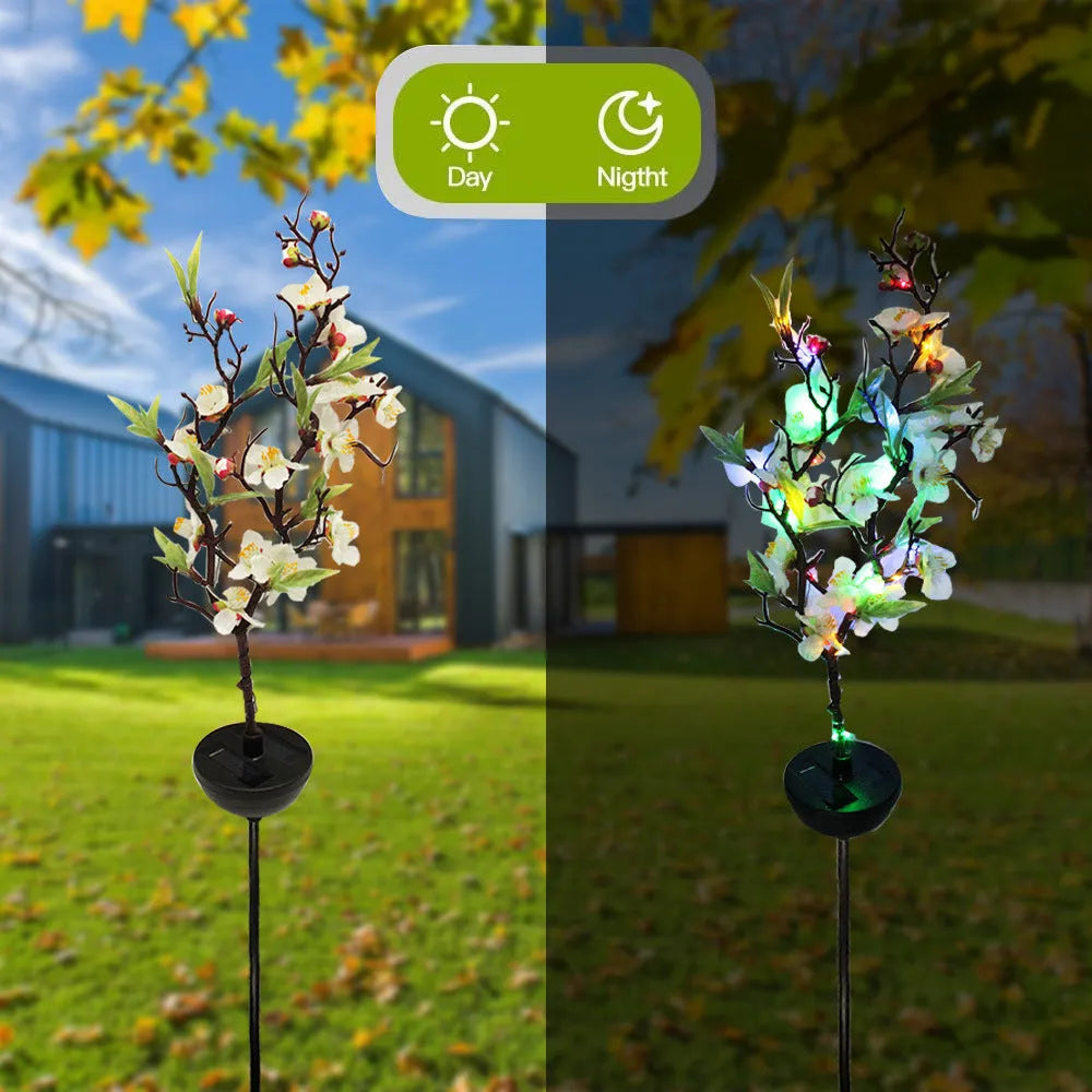 Solar-powered cherry tree branch decorative garden light with ground stake for outdoor use