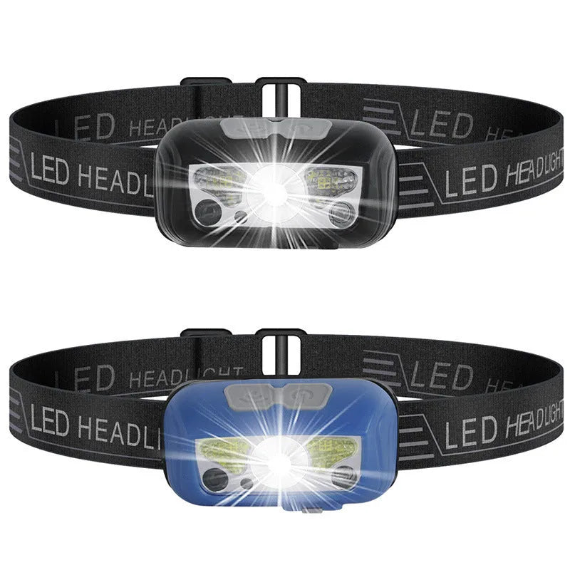 USB rechargeable sensor headlight with white and red LED lights showing motion control sensor