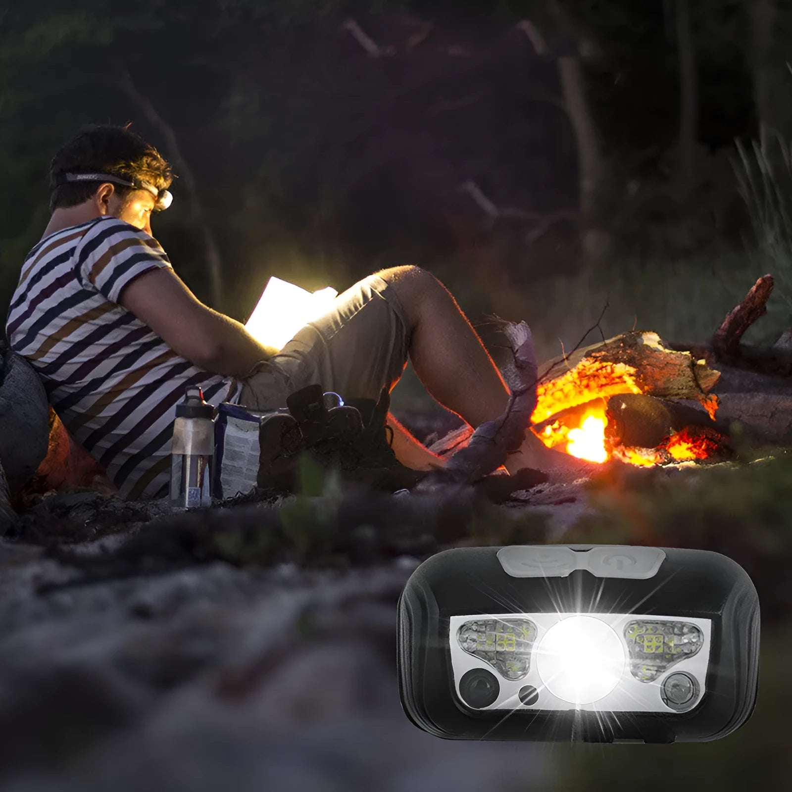 USB rechargeable sensor headlight with white and red LED lights showing motion control sensor