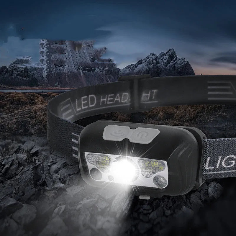 USB rechargeable sensor headlight with white and red LED lights showing motion control sensor