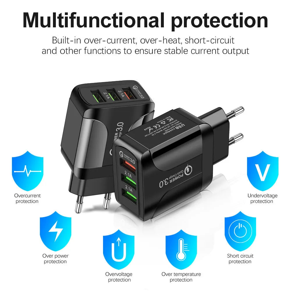Quick Charge 3.0 travel charger with three USB ports and interchangeable US, EU, UK plug heads