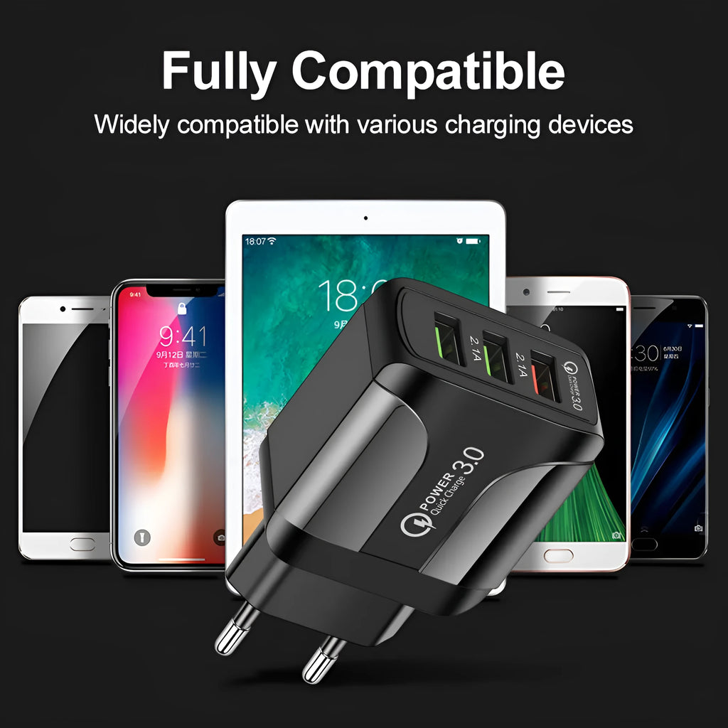 Quick Charge 3.0 travel charger with three USB ports and interchangeable US, EU, UK plug heads