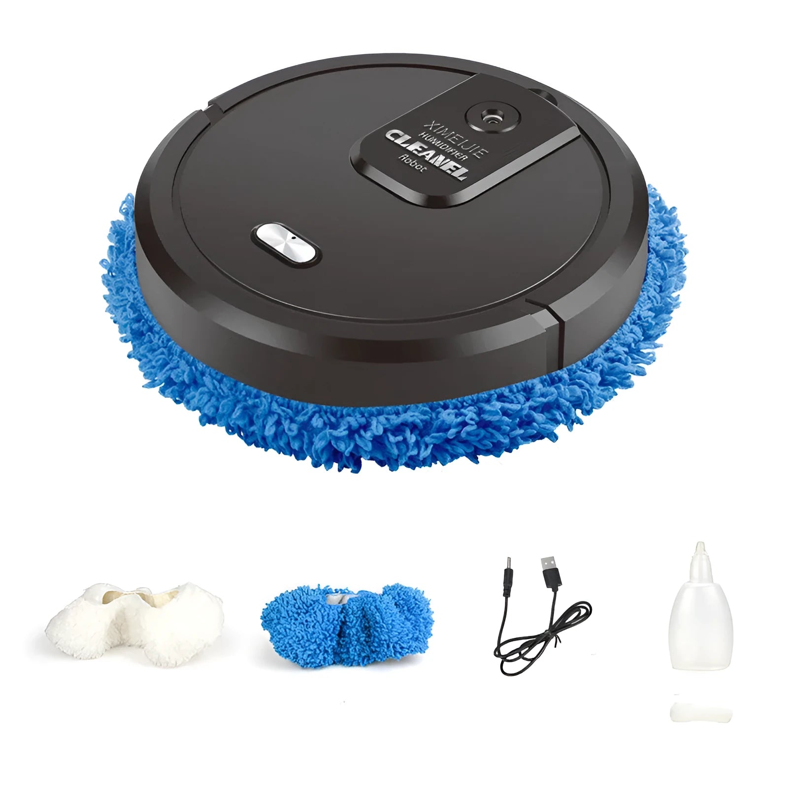Automatic spray sweeping and mopping robot in a home setting on a hard floor