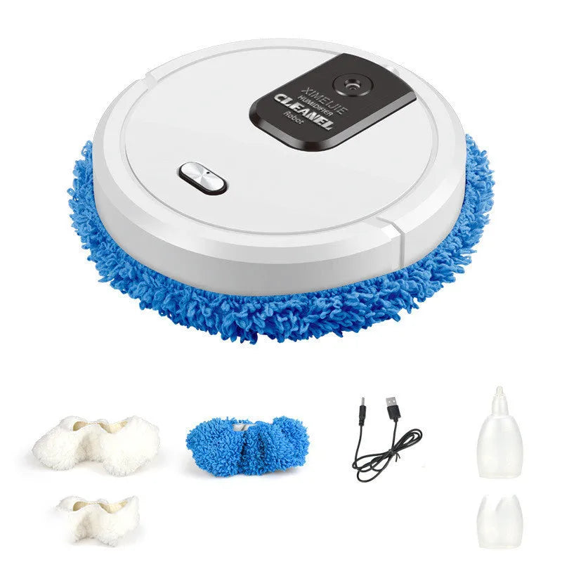 Automatic spray sweeping and mopping robot in a home setting on a hard floor