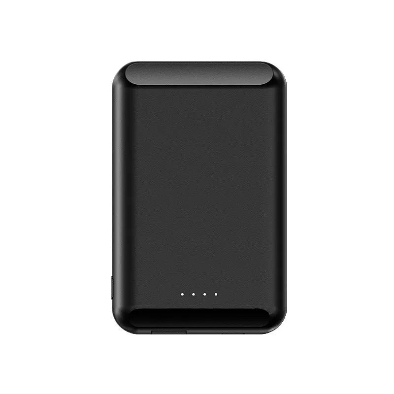 Magnetic wireless power bank in black, blue, green, pink, or white colour with 5000mAh capacity.