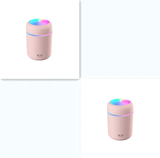 Pink car USB air purifying humidifier with 300ml water tank on car dashboard