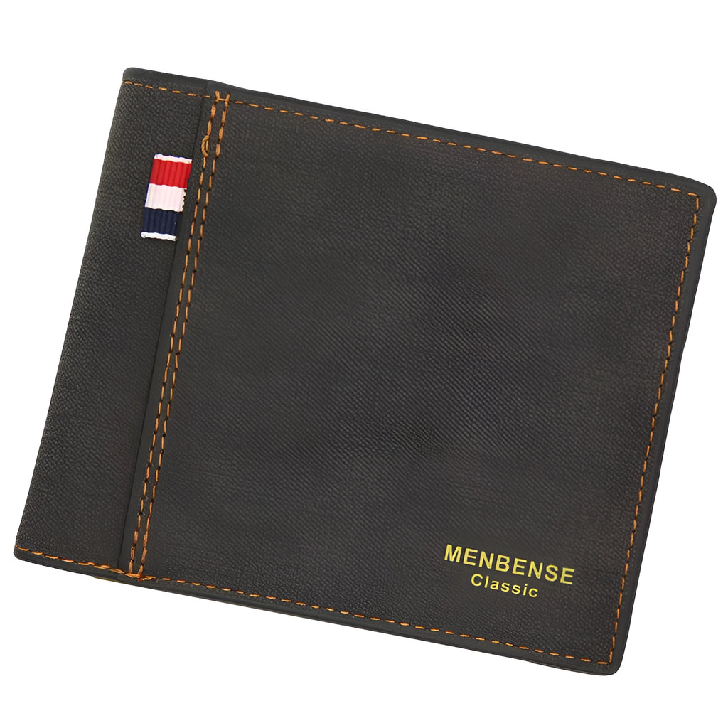 Men's brown leather tri-fold wallet open showing card slots and cash compartment