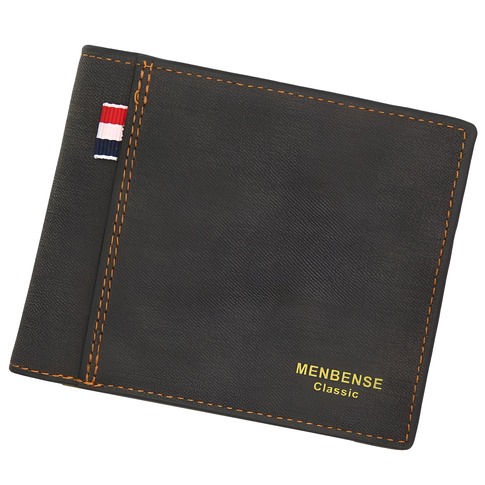 Men's brown leather tri-fold wallet open showing card slots and cash compartment
