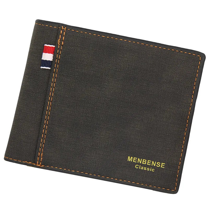 Men's brown leather tri-fold wallet open showing card slots and cash compartment