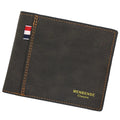 Men's brown leather tri-fold wallet open showing card slots and cash compartment