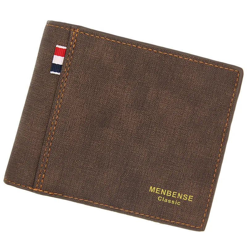 Men's brown leather tri-fold wallet open showing card slots and cash compartment
