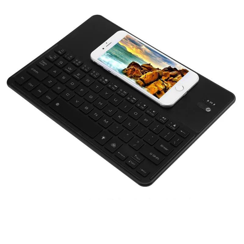 Black aluminium alloy Bluetooth 3.0 keyboard with QI wireless charging, 7 colour backlight, 244x173x5mm