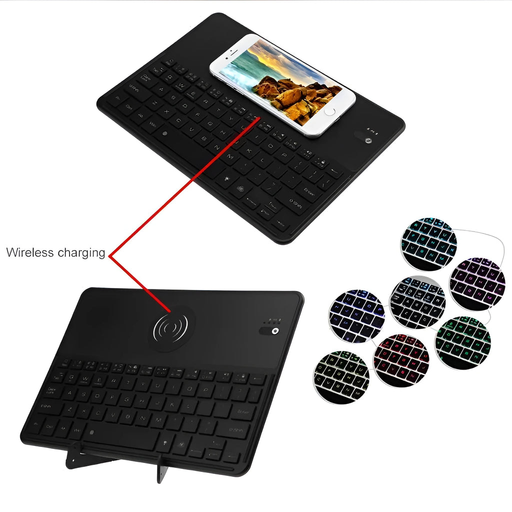 Black aluminium alloy Bluetooth 3.0 keyboard with QI wireless charging, 7 colour backlight, 244x173x5mm