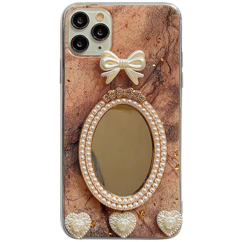 Marble pattern bowknot rhinestone mirror phone case for Apple iPhone models