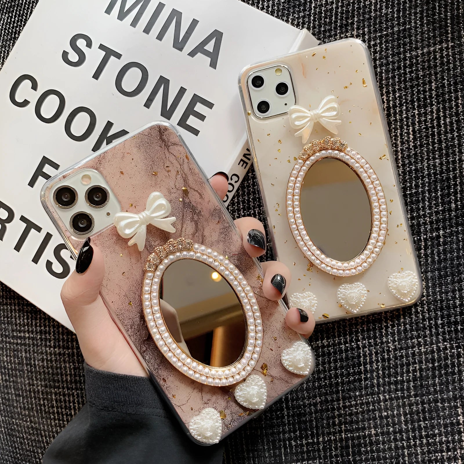 Marble pattern bowknot rhinestone mirror phone case for Apple iPhone models