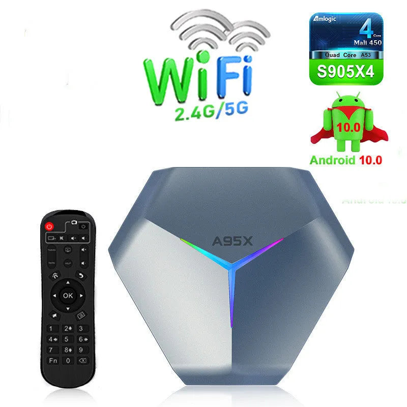 Android TV set-top box media player with remote control on a wooden surface.