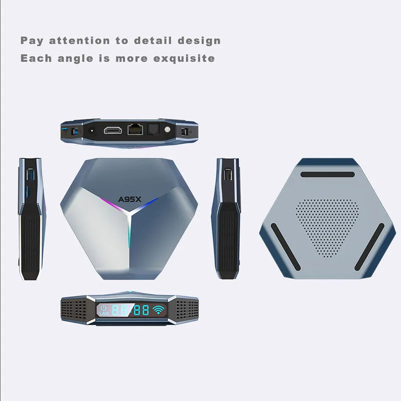 Android TV set-top box media player with remote control on a wooden surface.