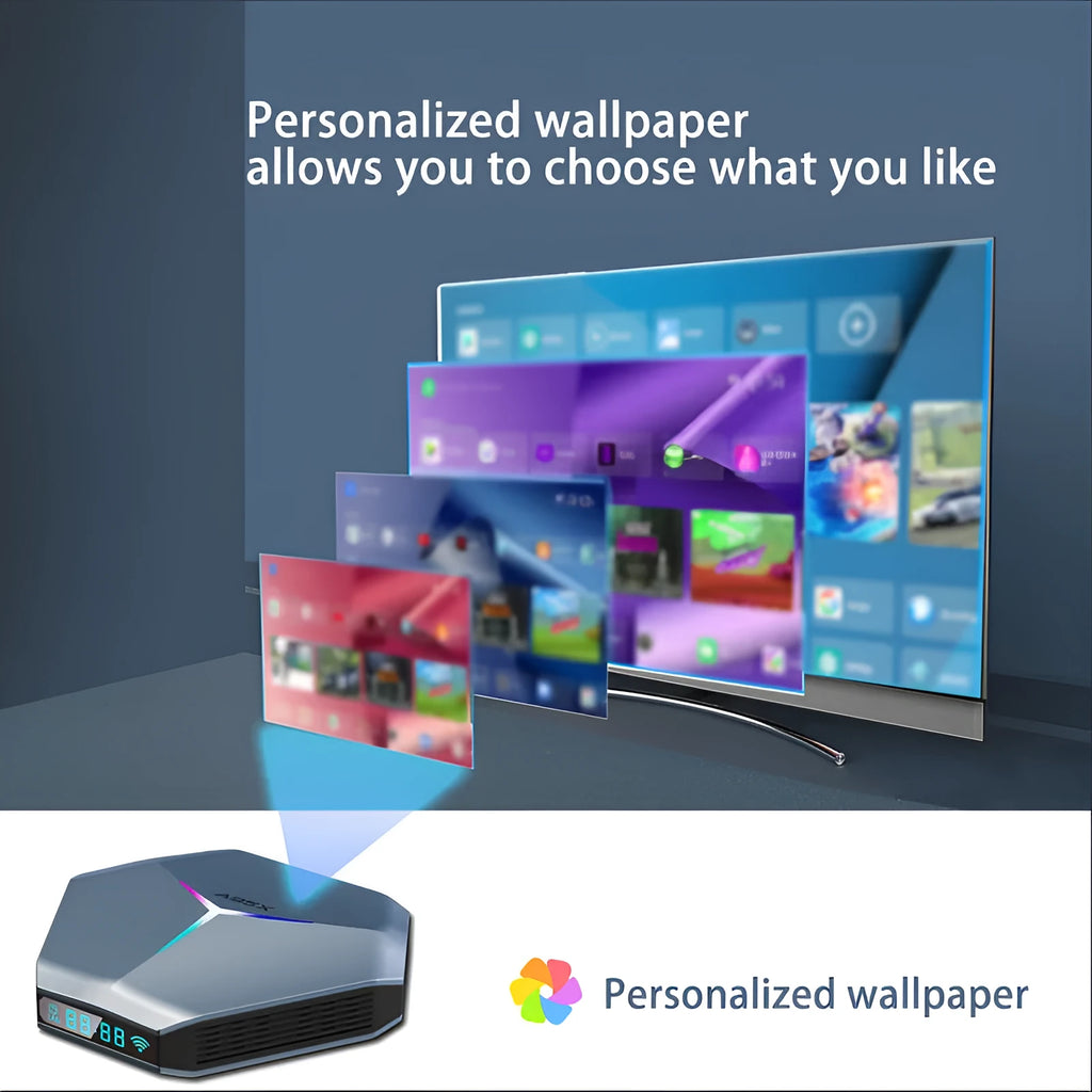 Android TV set-top box media player with remote control on a wooden surface.