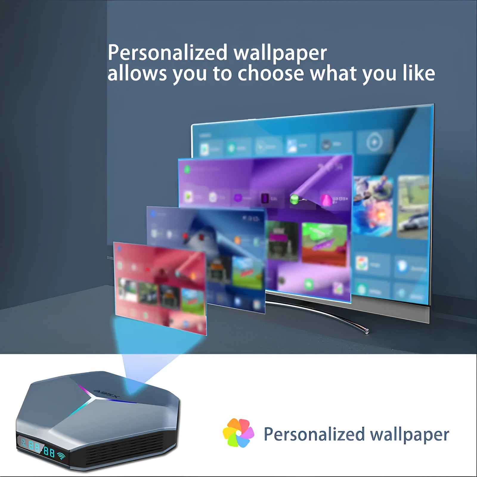 Android TV set-top box media player with remote control on a wooden surface.