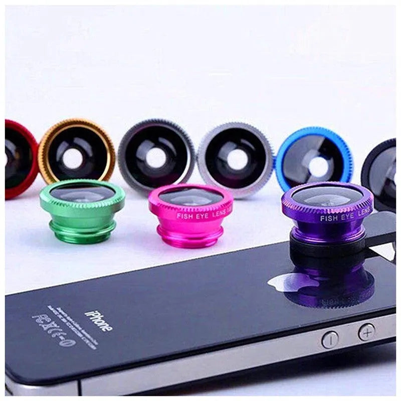 Black 3-in-1 smartphone lens kit showing fisheye lens, wide-angle macro lens, and universal clip on a table