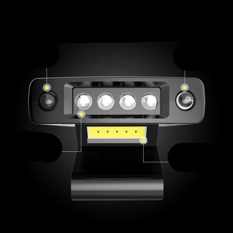 Black USB rechargeable cap clip light with power indicator and rotating mount for fishing.