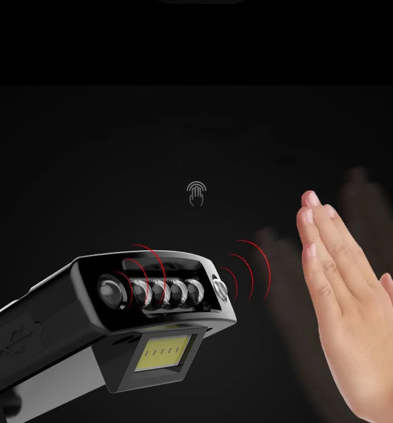 Black USB rechargeable cap clip light with power indicator and rotating mount for fishing.