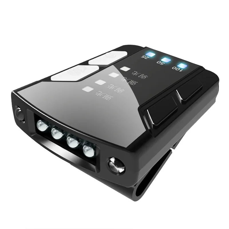 Black USB rechargeable cap clip light with power indicator and rotating mount for fishing.