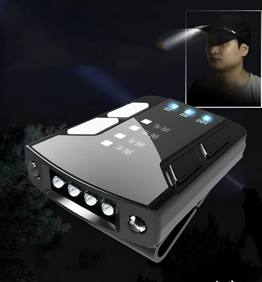 Black USB rechargeable cap clip light with power indicator and rotating mount for fishing.