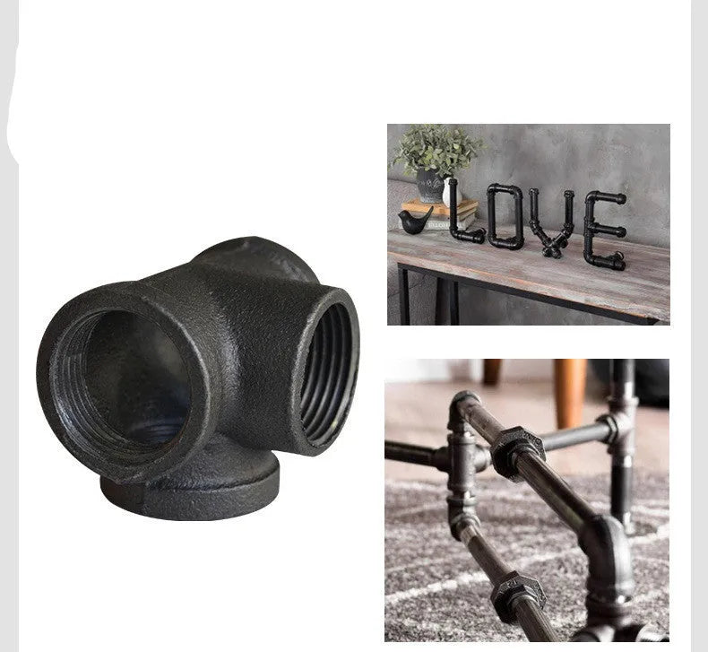 Galvanised steel four-way pipe fitting with three-dimensional corner design for industrial plumbing connections