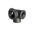 Galvanised steel four-way pipe fitting with three-dimensional corner design for industrial plumbing connections