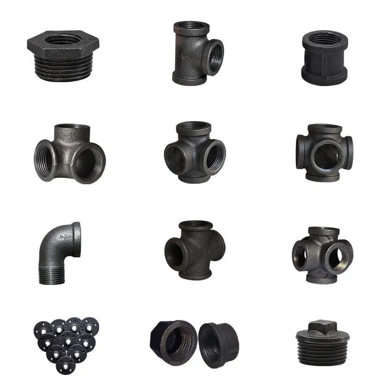 Galvanised steel four-way pipe fitting with three-dimensional corner design for industrial plumbing connections