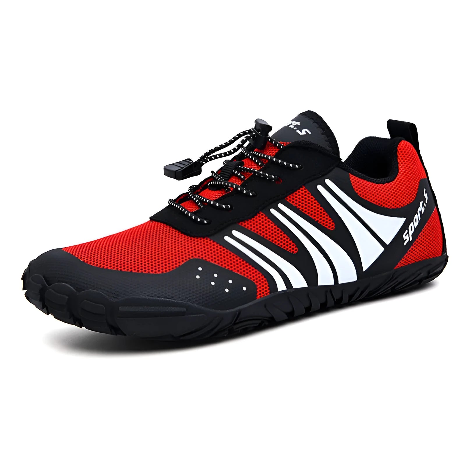 Pair of quick-drying outdoor wading shoes with mesh upper and rubber sole in red colour