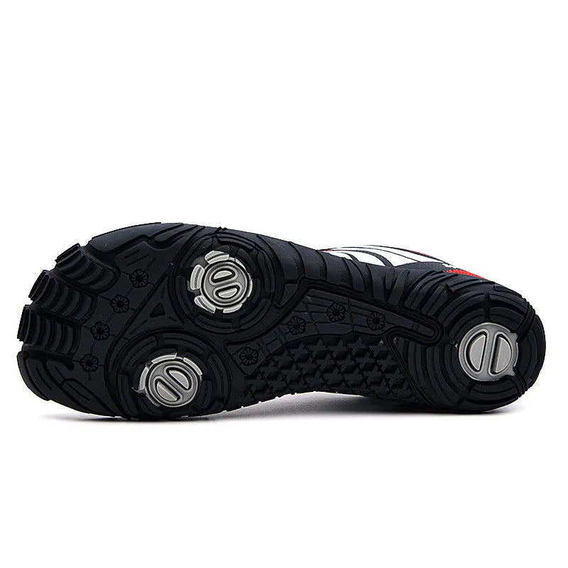 Pair of quick-drying outdoor wading shoes with mesh upper and rubber sole in red colour