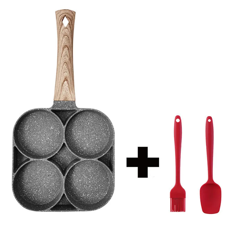 Four-hole non-stick aluminium frying pan with Bakelite handle for cooking eggs and pancakes.