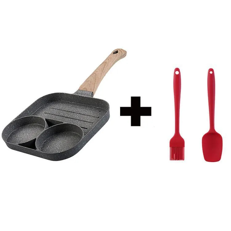 Four-hole non-stick aluminium frying pan with Bakelite handle for cooking eggs and pancakes.