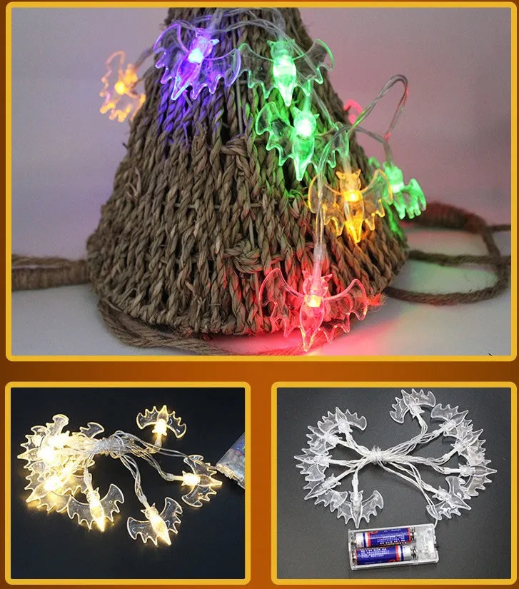 Halloween LED string lights with pumpkin, ghost, and bat decorations on a 1.2m white wire.