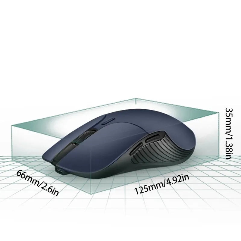 Blue A12 wireless voice translation mouse with USB receiver on a white desk.