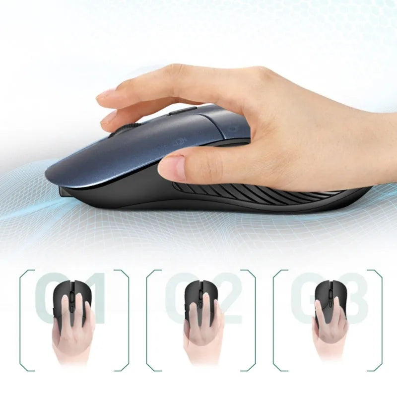 Blue A12 wireless voice translation mouse with USB receiver on a white desk.