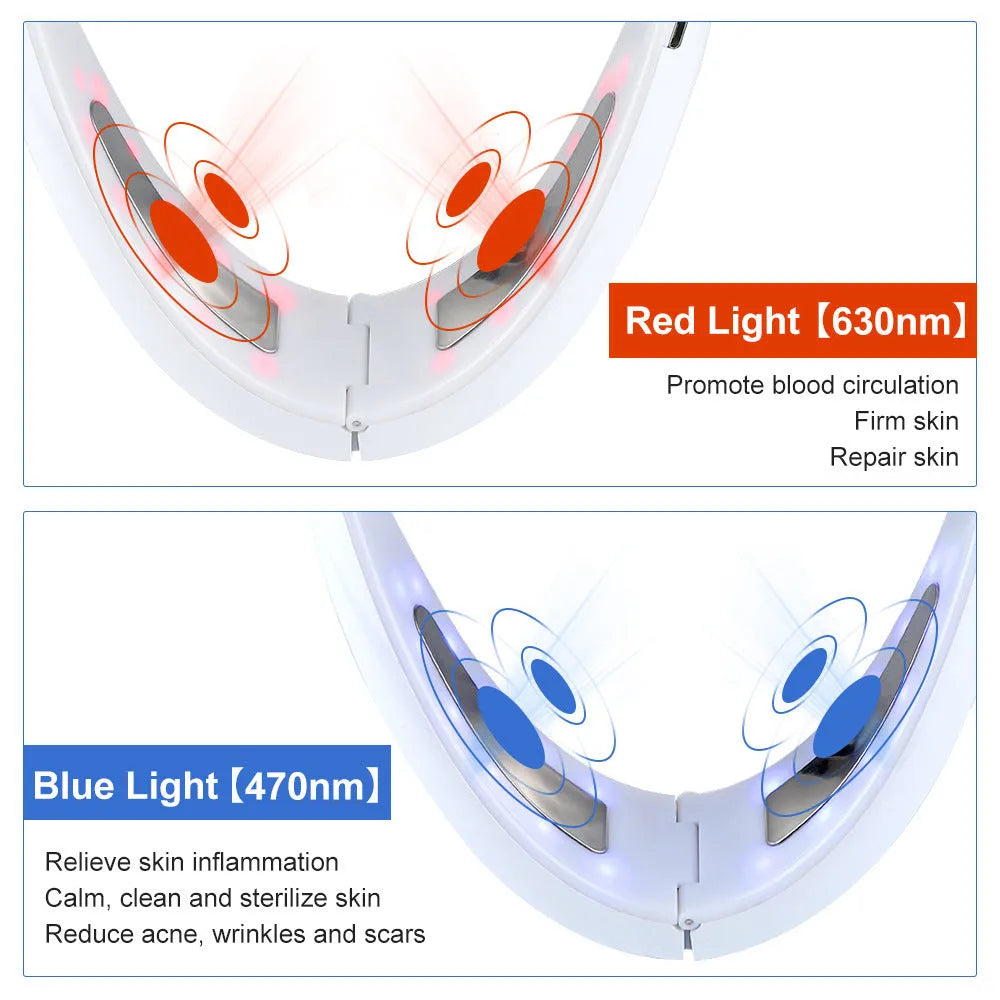 White rechargeable facial lifting device with red and blue light therapy modes.